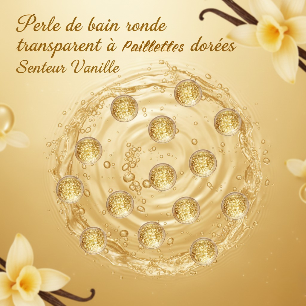10 x Perle de bain ronde transparent à paillette dorées, Senteur Vanille