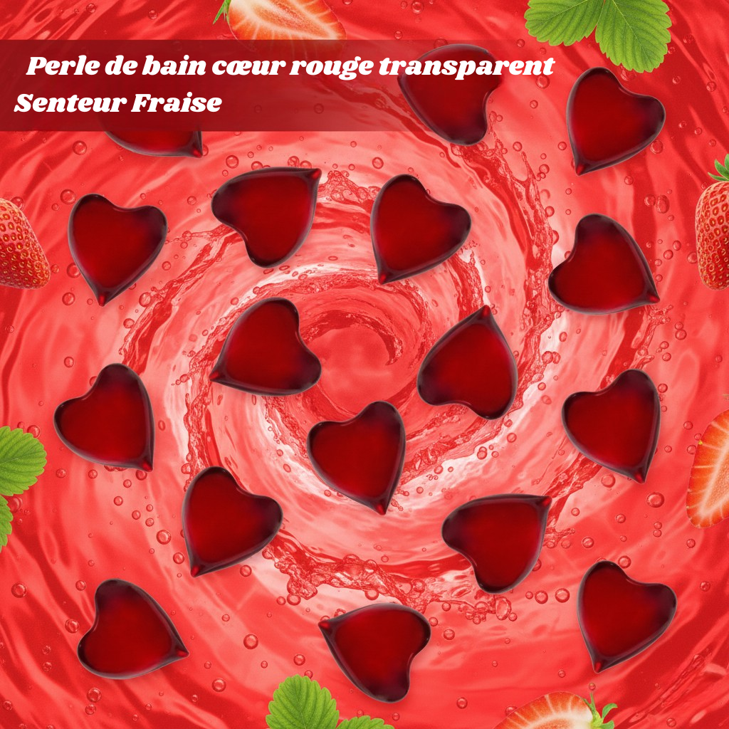 10 xPerle de bain cœur rouge transparent, Senteur Fraise