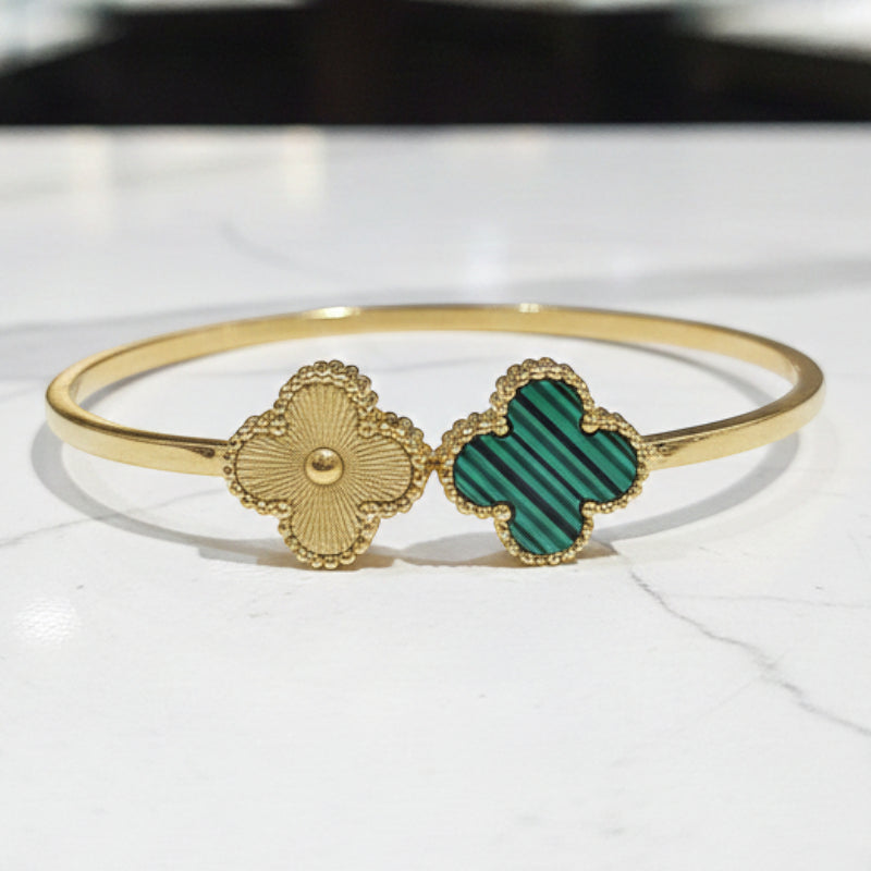 Bracelet Doré Jonc Trèfles Porte-Bonheur Bicolore💎Acier Inoxydable de Haute Qualité