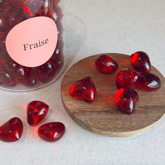 10 xPerle de bain cœur rouge transparent, Senteur Fraise