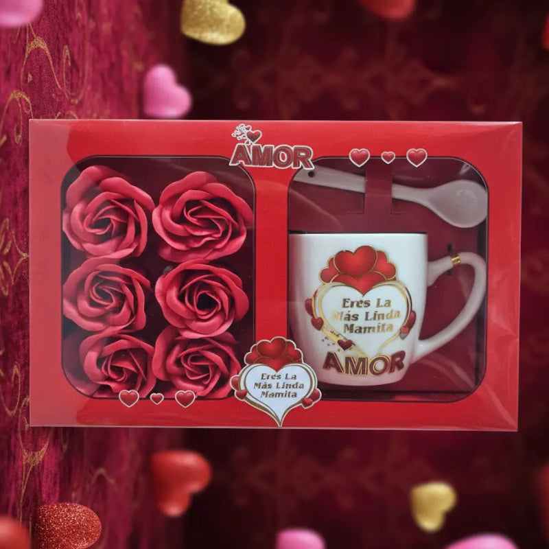 Coffret Cadeau Prestige Saint-Valentin : Mug Céramique, Cuillère et Roses de Savon