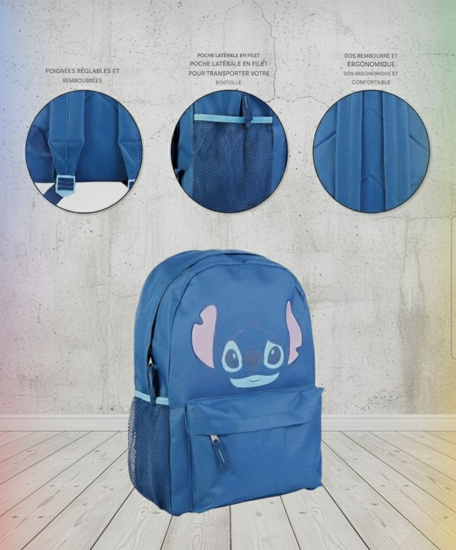 Sac d'école Disney Lilo et Stitch, le chien étoile bleu, 41 cm
