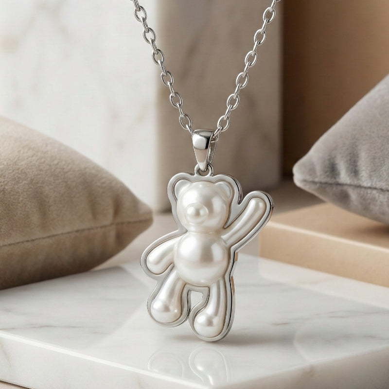 Collier avec Pendentif Argenté en Acier inoxydable de haute qualité – Ourson nacré