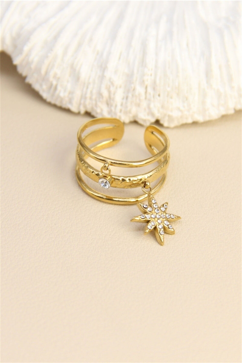 Bague Ajustable Étoile Cristallisée en Acier Inoxydable