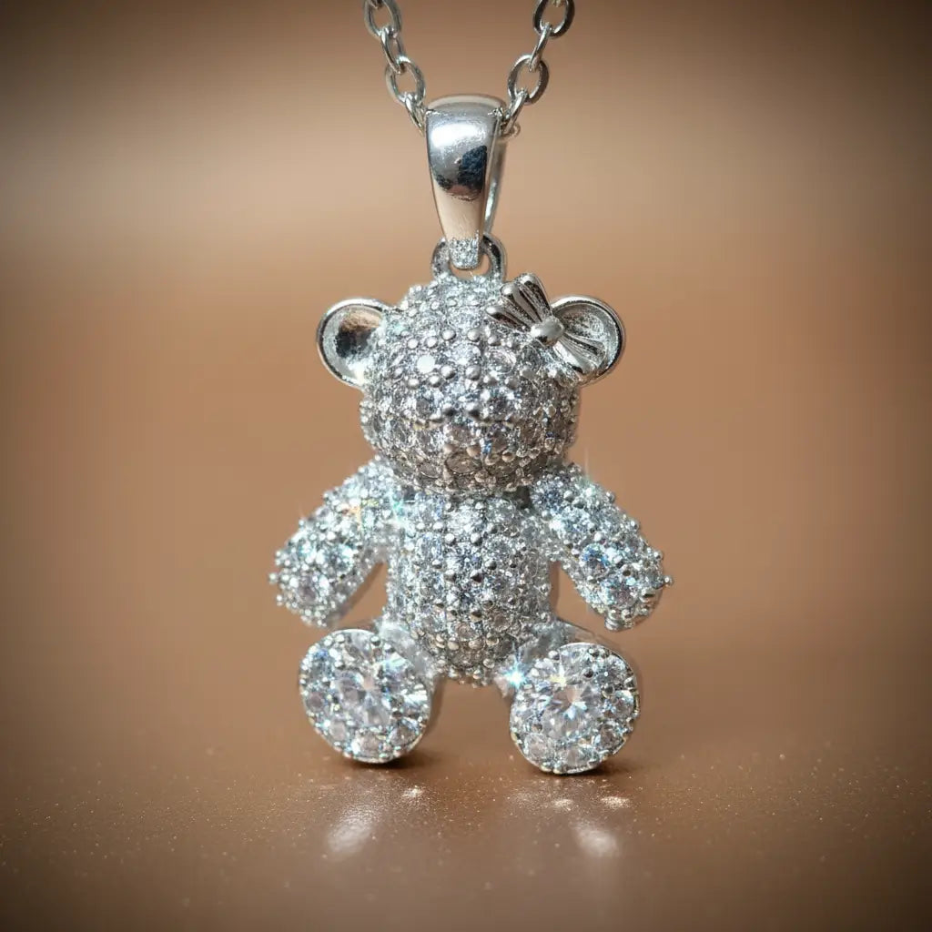 Collier Avec Pendentif Ourson & Strass Argenté – Acier Inoxydable Haute Qualité
