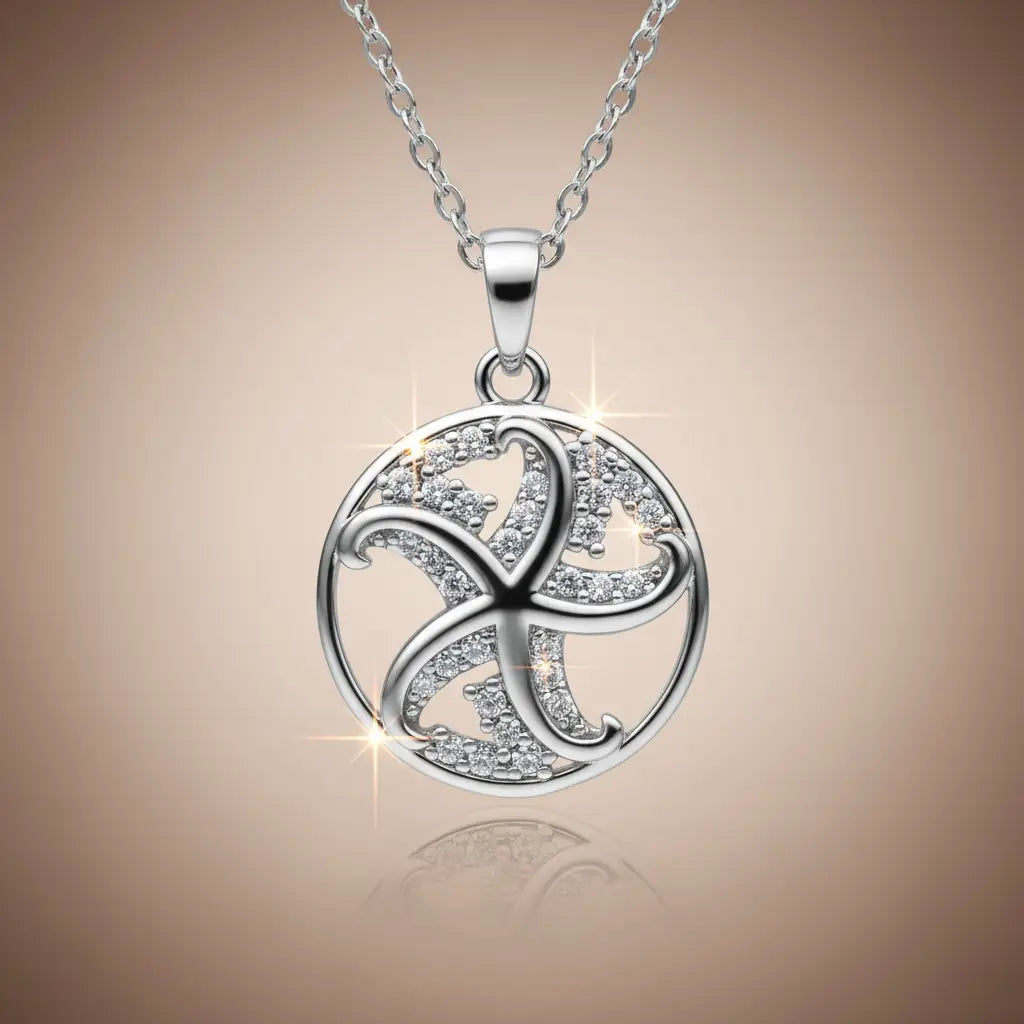 Collier Avec Pendentif Etoile de Mer & Strass Argenté – Acier Inoxydable Haute Qualité