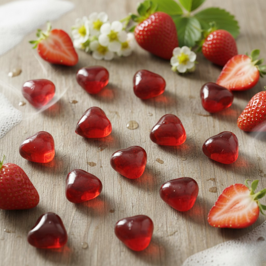 10 xPerle de bain cœur rouge transparent, Senteur Fraise