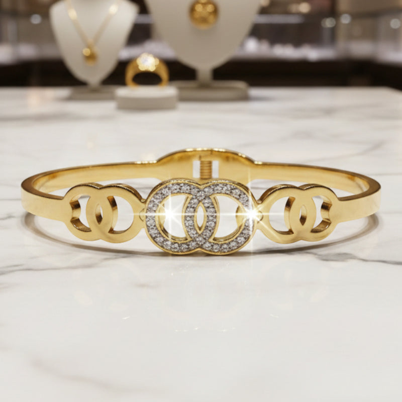 Bracelet Jonc Doré “Double Cercle” Scintillant💎Acier Inoxydable de Haute Qualité