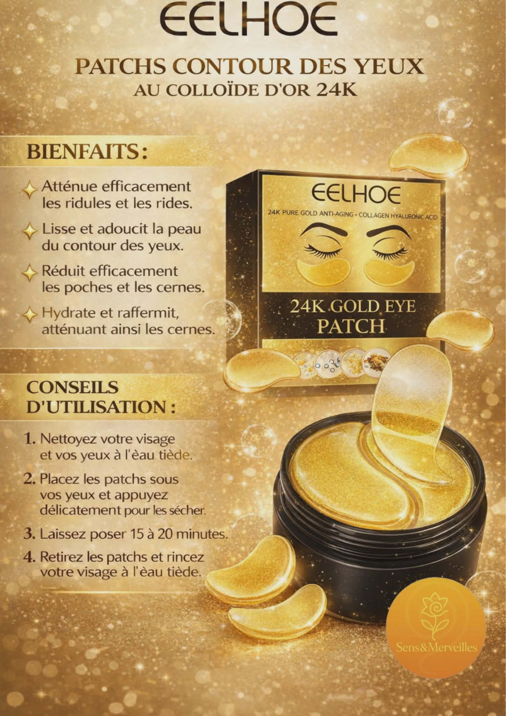 Patchs contour des yeux en or 24 carats avec collagène et acide hyaluronique