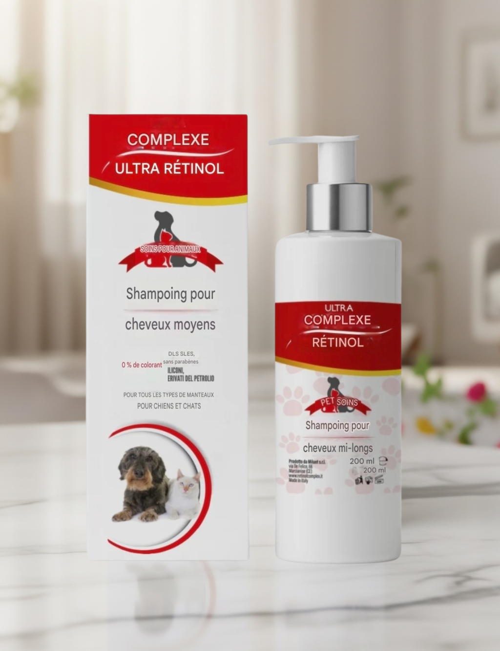 Shampoing pour animaux de compagnie pour cheveux moyens 200ml. retinol complex