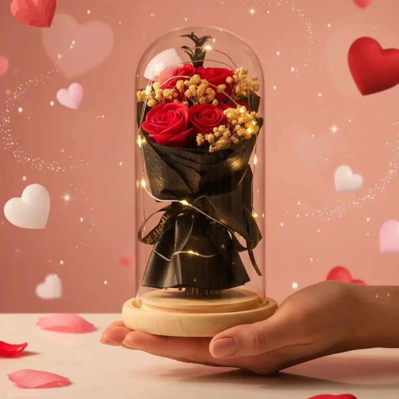 Sous cloche Lumineux BOUQUET ROSES ROUGES🌹Grand format – Spécial Saint-Valentin