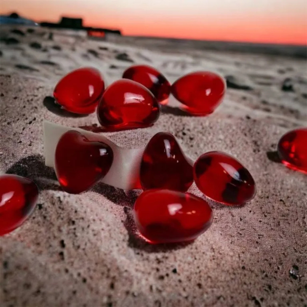 10 xPerle de bain cœur rouge transparent, Senteur Fraise