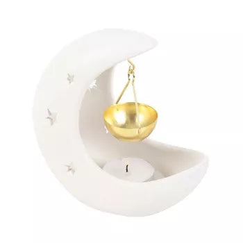 Brûleur à huile en céramique à suspendre en forme de croissant de lune blanc avec plat en métal doré