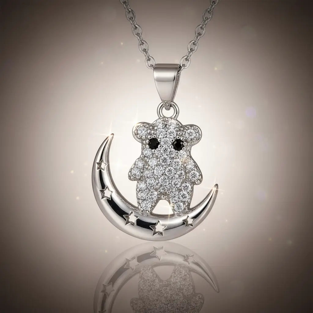 Collier Avec Pendentif Souris et Lune & Strass Argenté – Acier Inoxydable Haute Qualité